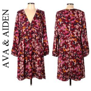 AVA & AIDAN - Magenta, purple floral v-neck long sleeve midi dress
